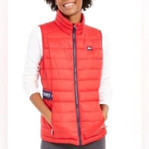 Tommy Hilfiger Red Puffer Vest Navy Logo Accents Transition Packable Size Large